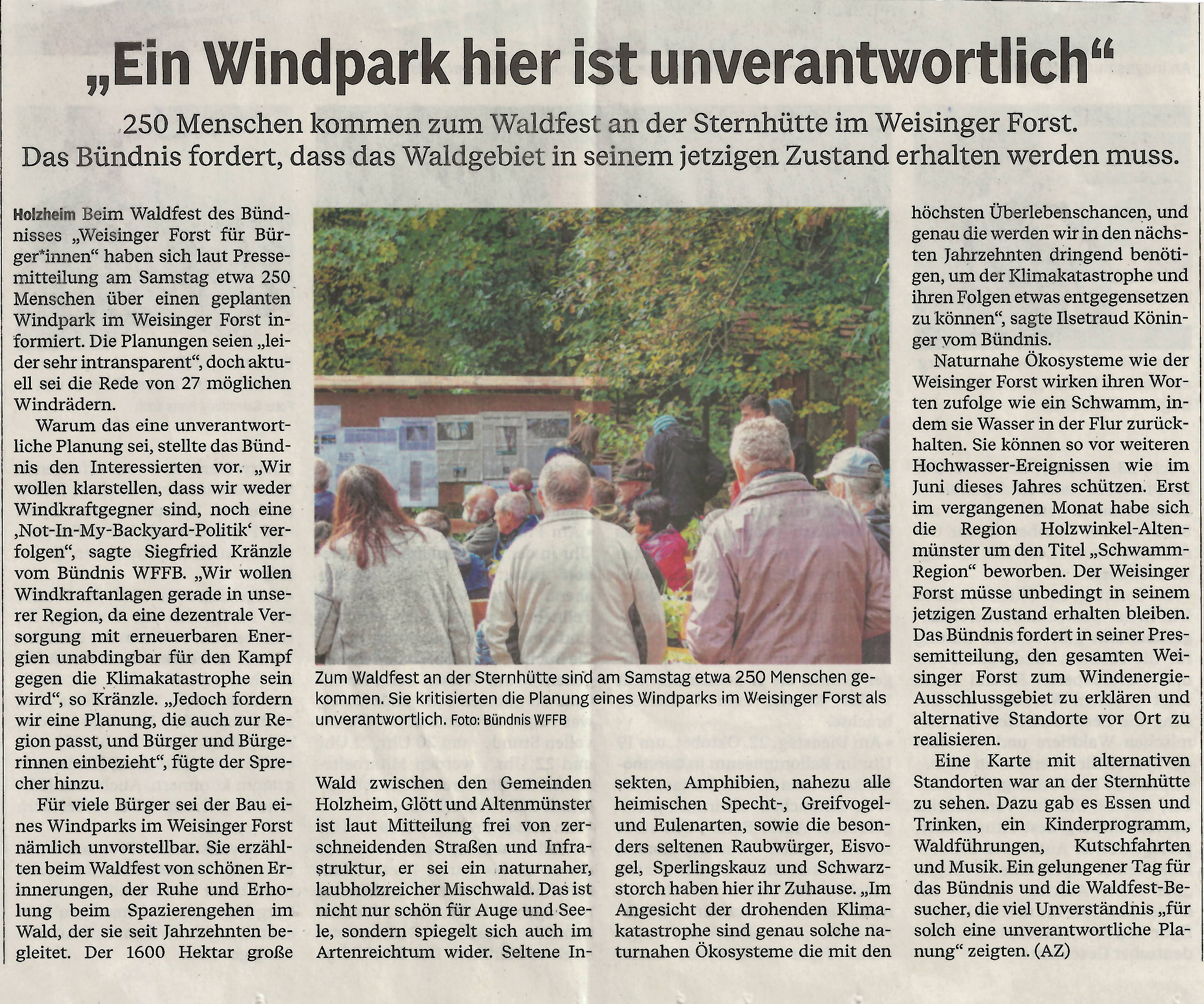 „Windpark im Weisinger Forst unverantwortlich“