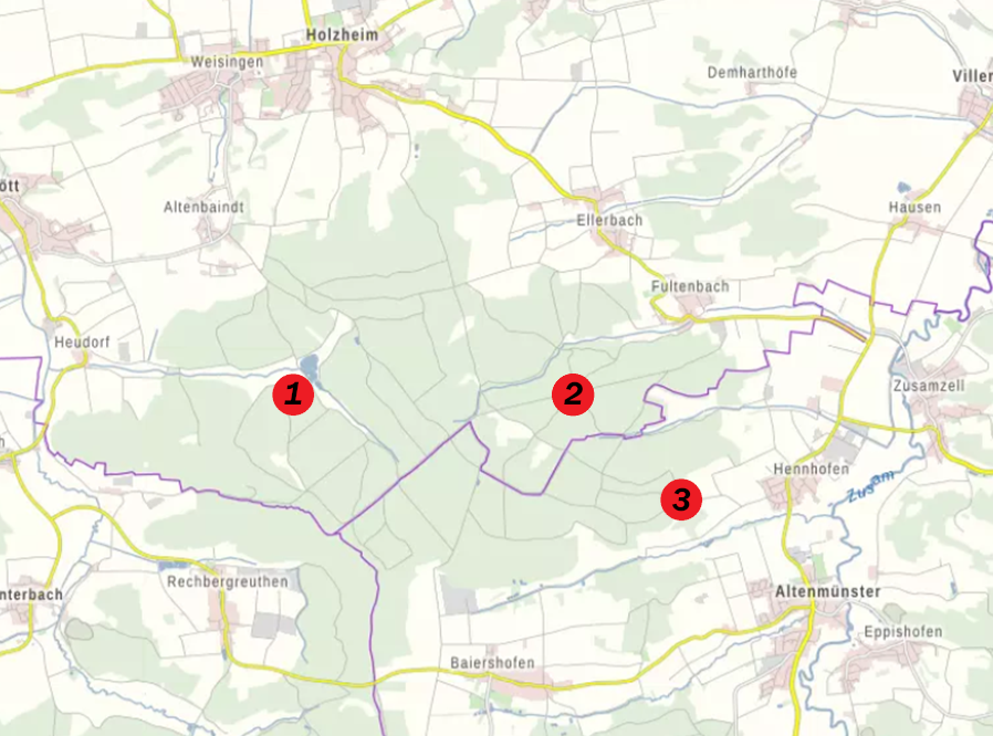 Die Hütten im Weisinger Forst: 1. Spechthütte, 2. Sternhütte, 3. Dreijauchertberg-Hütte